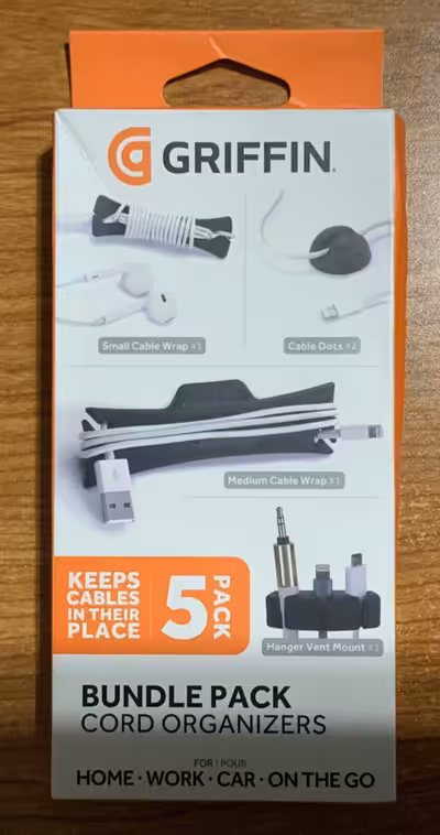 BNIB, Griffin 5 pack bundle to keep cables organized. 1 small cable wrap 1 medium cable wrap 2 cable...