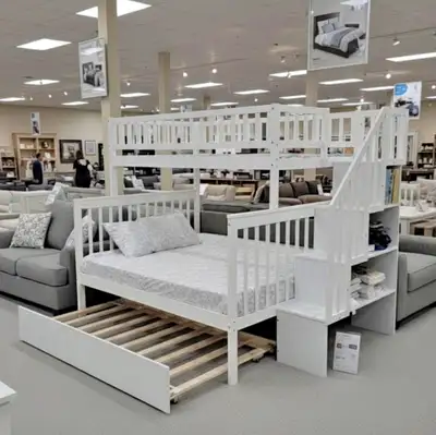 white kids bunkbed single over double with single trundle, View more