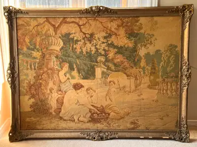 Beautiful oversized woven tapestry featuring a romantic garden scene with classical figures, urns an...