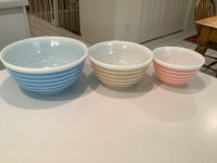 Three vintage Pyrex Rainbow Stripes mixing bowls