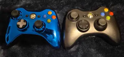 2 Official XBOX 360 Controllers Blue Chrome and Black Slim, View more