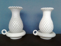 . Pair 8’’ Fenton White Hobnail Hurricane Finger Handle Lamp