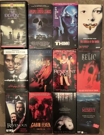 Horror VHS movies $5 and up Resident Evil (Ridged Cover) 2002 -$5 Misery (Original Release) 1989 - $...