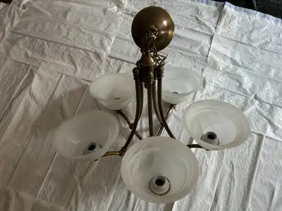 Vintage Brass 5-Light Ceiling Chandelier w/ Frosted Glass Shades, View more