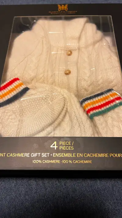 Brand new Hudson bay stripes infant 4 piece 100% cashmere outfit. Made in the iconic Red, Yellow, bl...