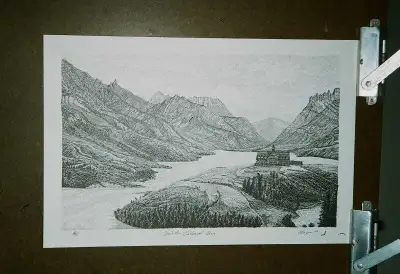 THIS BLACK AND WHITE PRINT OF AN INK DRAWING IS OF WATERTON LAKES NATIONAL PARK. THIS INCREDIBLY DET...