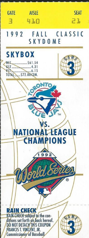 1992 Baseball World Series Skydome Skybox Game 3 Ticket in Arts & Collectibles in Oshawa / Durham Region