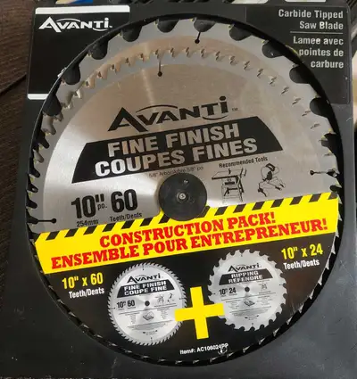 Brand new, sealed in package. Avanti "Construction Pack" 10-inch Carbide Tipped Saw Blades. Includes...