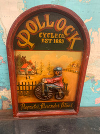 Vintage 3D wood advertising sign. Pollock Cycle Co. Est 1883.