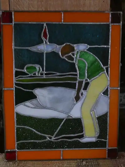 REAL Stained glass GOLFER vibrant window pane, View more