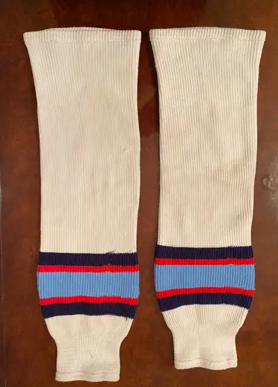 SP brand Men’s Large Hockey Socks White with blue, black & red accents 30” long