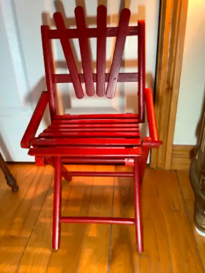 Sweet vintage wooden child’s foldable chair and table. Painted red. One could easily change the colo...