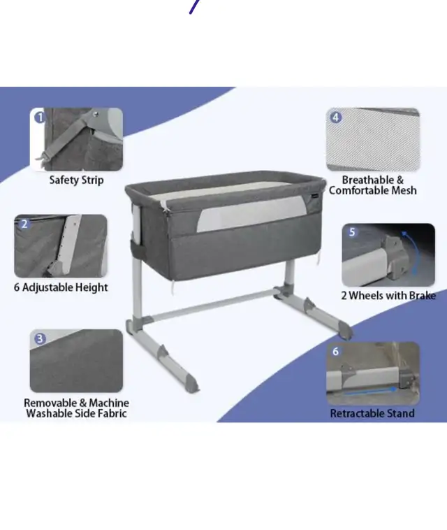 3 in 1 Baby Bassinet Bedside Sleeper, Bedside Crib with 6 Adjust in Cribs in Hamilton - Image 5
