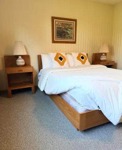 Queen size teak bed frame and matching two end tables Mid century modern design - solid and in excel...