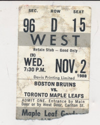 Boston Bruins vs Toronto Maples Leafs STUB-1988-Wed-November 2