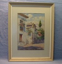 Watercolour Painting "Mediterranean Village" Signed L. Palomaris