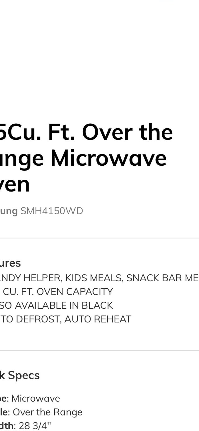 Samsung 1.5 cu. Ft. Over the range microwave oven Microwaves