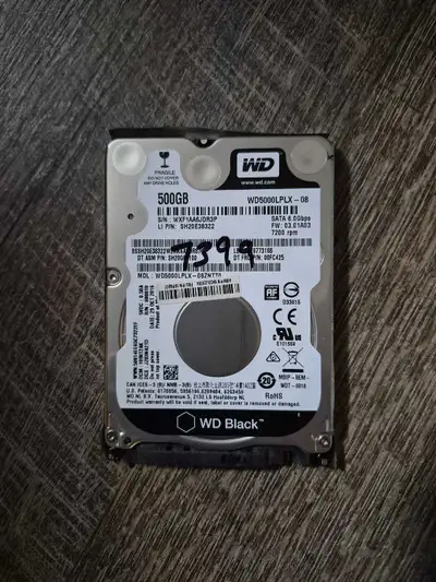 This is a used WD Black 500GB hard drive, perfect for laptops or as an external drive. It spins at 7...