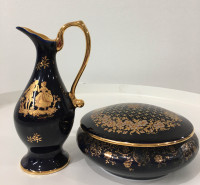 Limoges Castel France porcelain vase and box with 22K gold trim
