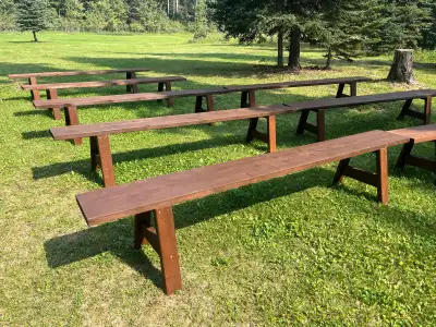 **When inquiring please provide date you require for rental** 8ft long wood stained benches Have 24...