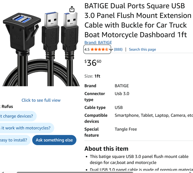 BATIGE Dual Ports Square USB 3.0 Panel Flush Mount Extension Cab in ATV Parts, Trailers & Accessories in City of Toronto - Image 3