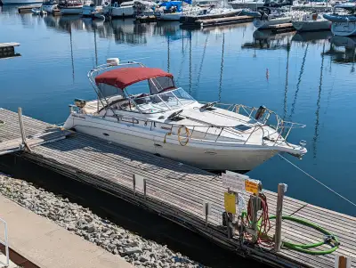 “Bella Vita” Length is 34Ft with custom extended swim platform and rides on a fiberglass deep-V hull...