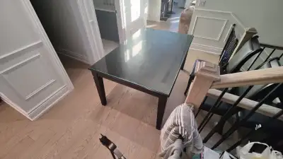 Dining room table, glass top & 6 chairs, View more