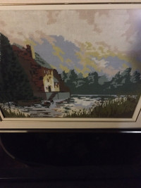 Old mill on river needlepoint
