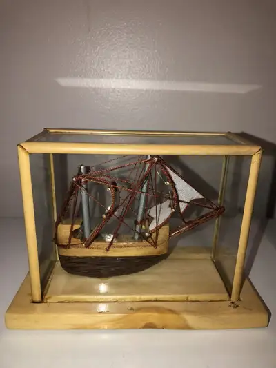 Vintage ship in a bamboo/wood and glass Case, View more