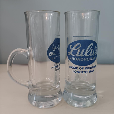 Pair of Lulu's Roadhouse World's Longest Bar handled shot glass, View more