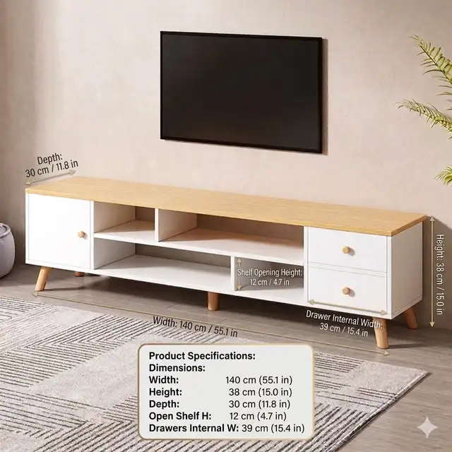Modern White and Wood TV Stand Media Console 140*30*38cm in TV Tables & Entertainment Units in Mississauga / Peel Region - Image 3
