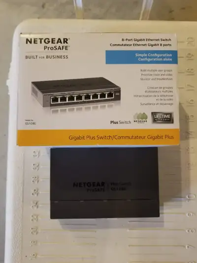Brand new in box Netgear GS108E ProSAFE Plus gigabit 8-port switch. Retails on Amazon Canada for $94...