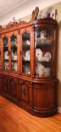 MOVING SALE - Solid Oak Dining Suite with Red Velvet & XL Hutch