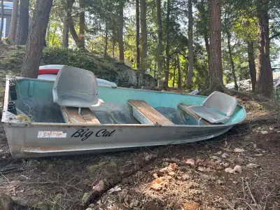 12’ tin boat. 43” width. Paddle included. Chairs have some damage and there is a very minor leak in...