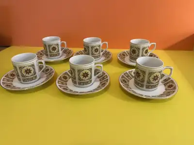 Set of 6 cups and saucers. Suitable for Turkish coffee or espresso. Featuring a geometric design in...