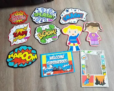 Superheroes Birthday Decorations, including 9 large printed posters and 1 photo booth frame. Pickup...