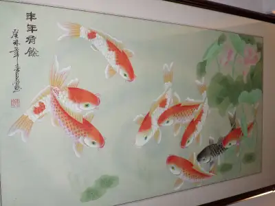 ORIGINAL CHINESE ASIAN ART - 9 Koi Fish &amp; Water Lotus Lilies, View more