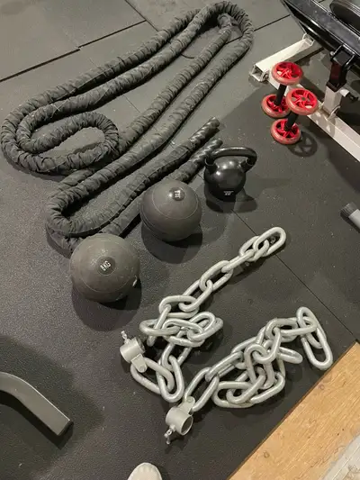 Battle rope -$75 Northern lights 40lbs kettlebell - SOLD Slam balls 8kg - $25 30lbs - $35 Bench pres...
