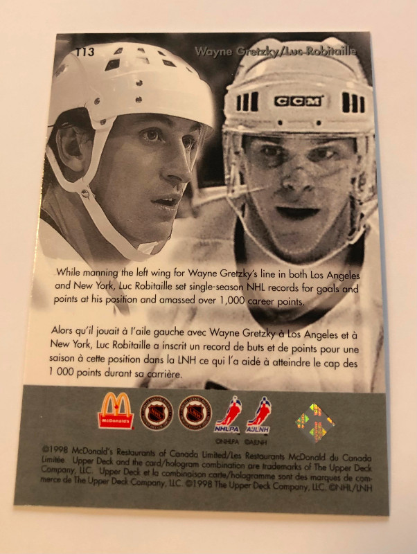 Upper Deck 1998-Wayne Gretzky Teammates-Luc Robitaille $5 in Arts & Collectibles in Oshawa / Durham Region - Image 2