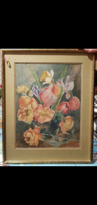 Antique 1935 Watercolour Painting - Spring Flowers
