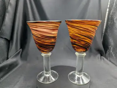 Vintage Art Glass Goblets Pair of Brown Swirl / Tortoise Shell, View more