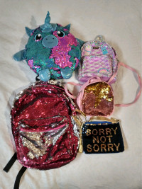 Sequin bags, backpacks and a toy