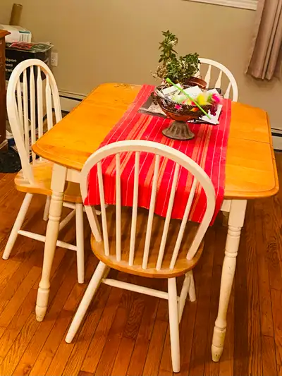 wood kitchen table with leaf plus 3 chairs., View more
