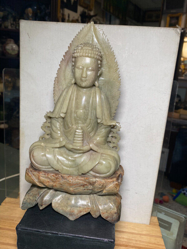Chinese Antique Carved Stone Sits with Buddha Tower 9.5 ”. in Arts & Collectibles in Vancouver - Image 3