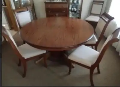 Dining room table with 6 upholstered chairs, View more