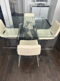 Elte Square Glass Table and 4 leather chairs  - Size 47” x 47”