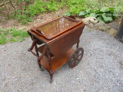 Antique Drop-Leaf Tea Wagon with Serving Tray, View more