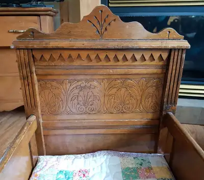 Fabulous antique late 1800's hand carved oak wood blanket and throw display, also a cozy home for do...