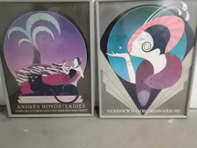 2 Art Deco framed prints--$5 each 1 Barbra Streisand poster in glass--$10