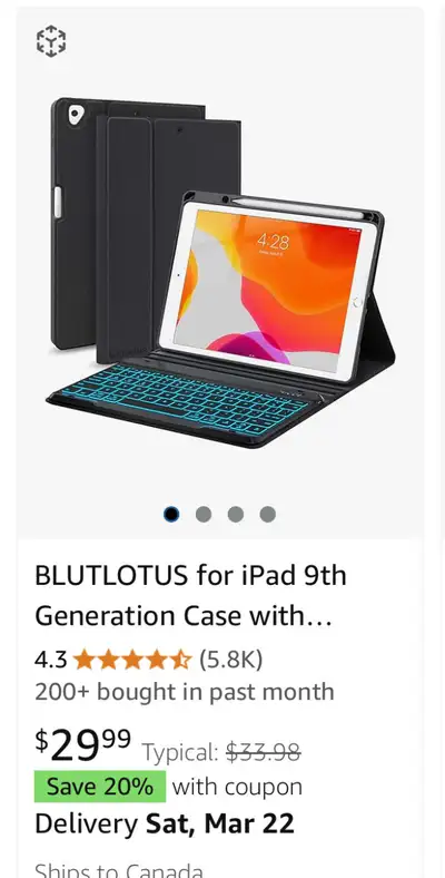Wireless detachable folio keyboard cover with backlighting. Compatible with iPad 9th Gen, 8th Gen, 7...